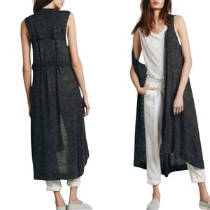 Free People Charcoal Long Duster Vest Linen Blend Open Front Sleeveless Boho S
